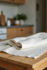 Poster - A piece of fabric lies on a wooden table in a blurred kitchen background with other objects out of focus nearby._00004_