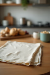 Poster - A piece of fabric lies on a wooden table in a blurred kitchen background with other objects out of focus nearby._00003_