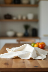 Poster - A piece of fabric lies on a wooden table in a blurred kitchen background with other objects out of focus nearby._00001_