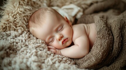 Poster - Baby sleeping soundly on a bed with a cozy, fluffy blanket around them. 