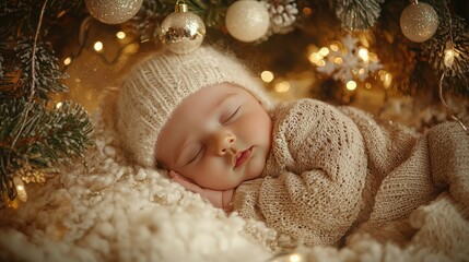 Poster - Baby in a cozy sleep setting with Christmas decorations and soft lights. 