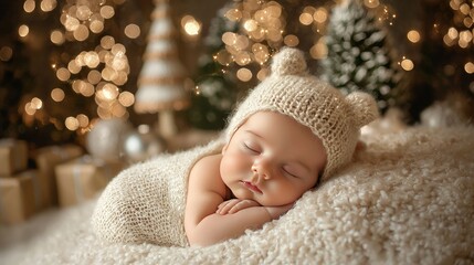 Poster - Baby in a cozy sleep setting with Christmas decorations and soft lights. 