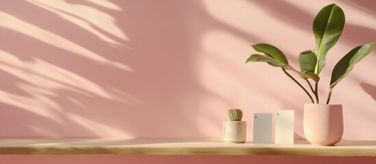 Wall Mural - Pink Minimalist Home Decor Still Life with Plants and Sunlight