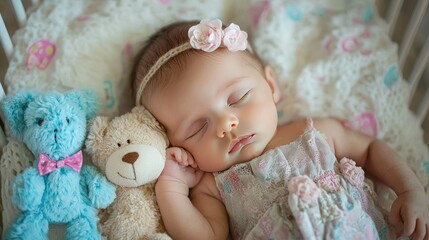 Poster - Cute newborn lying in a crib with plush toys, peacefully asleep.