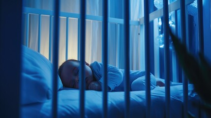 Poster - Baby resting in a modern crib with gentle lighting and a serene atmosphere.