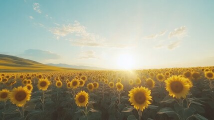 Canvas Print - Sun setting over a vast field of sunflowers.