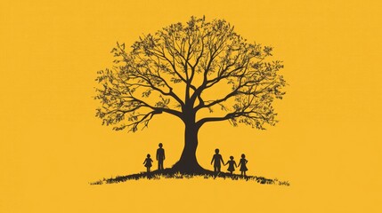 Family silhouette under a large tree on a yellow background.