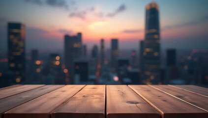 Aufkleber - A minimalist wooden tabletop is set against a blurred cityscape at dusk, ideal for montage and key visual displays._00003_