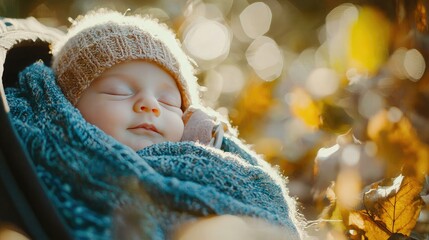 Poster - Newborn peacefully resting in a baby carrier outside, enjoying fresh air. 