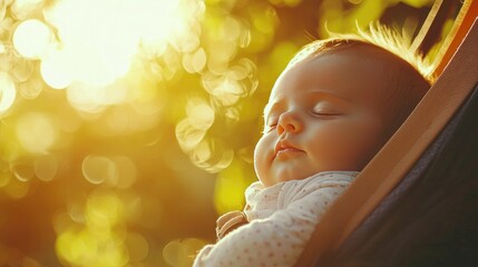 Poster - Newborn peacefully resting in a baby carrier outside, enjoying fresh air. 
