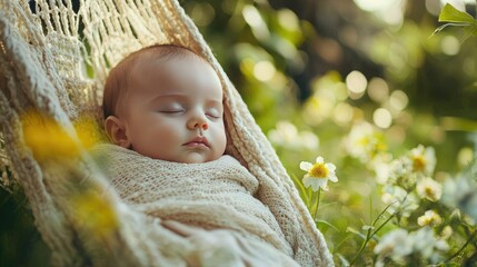 Poster - Newborn peacefully resting in a baby carrier outside, enjoying fresh air. 