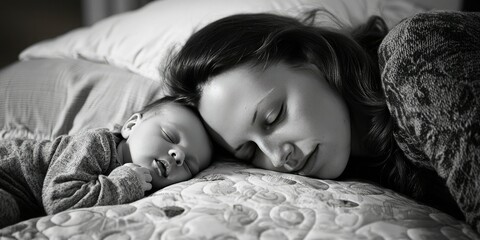 Poster - Mom and baby sleeping together on a soft bed, both relaxed and serene.