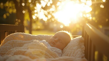 Poster - Infant in a crib outdoors, wrapped in a soft blanket with sunlight filtering through trees. 