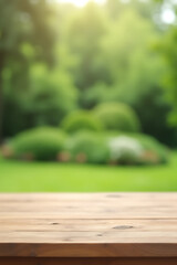 Poster - A minimalist photo shows a wood table surface in front of a blurred garden view with greenery and trees in the background._00004_