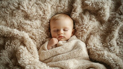 Poster - Baby sleeping soundly on a bed with a cozy, fluffy blanket around them. 