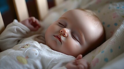 Poster - Icon-style image of a sleeping baby in a crib, with soft lines and pastel colors. 