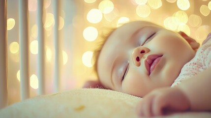 Poster - Icon-style image of a sleeping baby in a crib, with soft lines and pastel colors. 