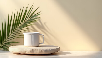 Aufkleber - A luxury product display features a sandstone top with a minimalist design and a palm leaf on a pastel colored wall background._00004_