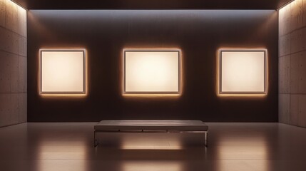 Poster - modern art gallery interior with illuminated blank frames
