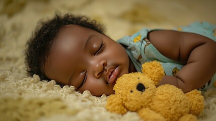 Poster - Sweet black baby asleep on a soft mattress with a plush toy beside. 