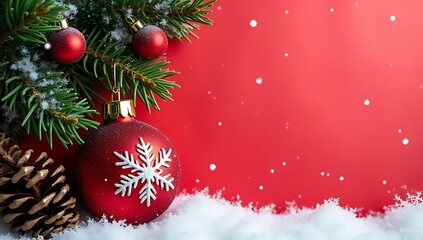 Aufkleber - A festive Christmas ornament features a fir tree, pine cone, snow, and red card background for winter flat lay templates._00004_