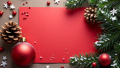 Aufkleber - A festive Christmas ornament features a fir tree, pine cone, snow, and red card background for winter flat lay templates._00003_