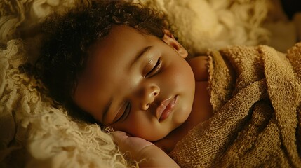 Poster - Sweet baby with curly hair sleeping in a cozy nursery with soft lighting. 