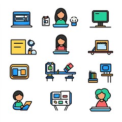 Poster - Woman is sitting at a desk with a laptop and a book
