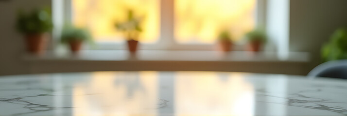 Poster - A blurred window glass appears behind a marble tabletop with selective focus in a warm morning light setting._00004_