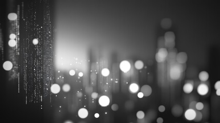 Sticker - Abstract grayscale city skyline at night with bokeh lights and data streams.