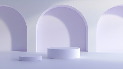 Wall Mural - Two pastel purple cylindrical platforms in arched room.