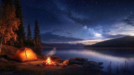 Wall Mural - Serene Night Camping by a Lake Under a Starry Sky