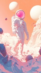 Wall Mural - astronaut walking on rocky alien planet surface exploring new worlds