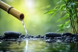 Photo of a bamboo spout pouring water into a Zen garden pond with pebbles and rocks, against a natural background