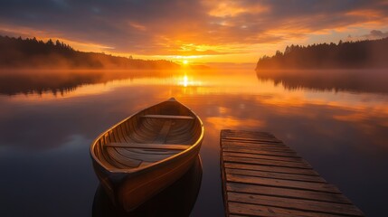 Wall Mural - a serene sunrise over a calm lake with a boat and dock, evoking tranquility and reflection.