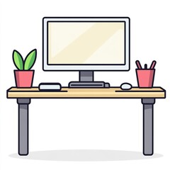 Poster - Computer desk with a monitor, mouse, and a potted plant