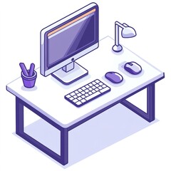 Poster - Computer desk with a monitor, keyboard, mouse, and a potted plant