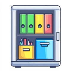 Poster - White filing cabinet with a yellow and blue box on the bottom shelf