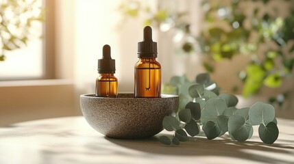 Two amber glass dropper bottles of serum or essential oil in a wooden bowl with eucalyptus leaves on a light wooden table, sunlit.