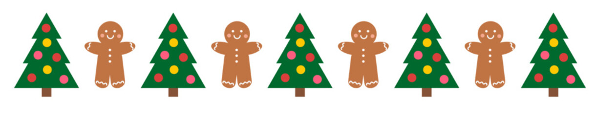 Wall Mural - christmas trees and gingerbread man cookies christmas pattern border. vector illustration.