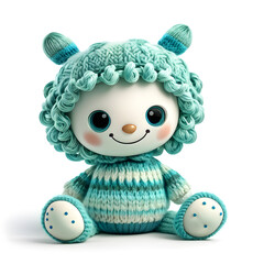 A knitted stuffed toy in the form of a kind fairy-tale character, made of woolen threads in mint green tones. White background.