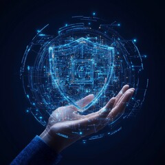 Aufkleber - Innovative Hand Showcasing Digital Shield Symbolizing Cybersecurity in an Abstract Tech Environment