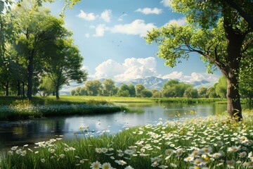 Wall Mural - Charming countryside landscape featuring a rustic cabin by a tranquil stream surrounded by blooming flowers and lush greenery in the daytime