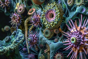 Poster - Colorful microscopic view of bacteria and microbes in a vibrant environment teeming with life
