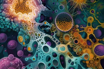 Poster - Colorful microscopic view of bacteria and microbes in a vibrant environment teeming with life