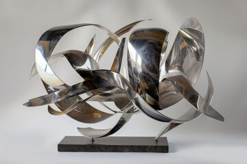 Poster - Artistic metal sculpture showcasing intricate spirals and reflections, perfect for contemporary decor in a gallery or art exhibit setting