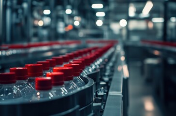 Poster - Bottled Water Production Line in Factory with Plastic Bottles on Conveyor Belt, Modern Industrial Environment, Close-Up View of Caps and Bottles in Motion