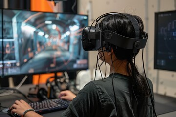 Aufkleber - Young person engages in virtual reality gaming in a modern tech room featuring large monitors and immersive experiences