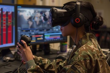 Aufkleber - Young person engages in virtual reality gaming in a modern tech room featuring large monitors and immersive experiences