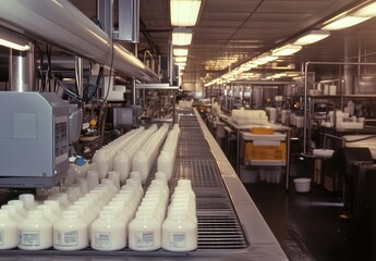 Poster - Clean and Modern Factory Production Line for Dairy Products with Bottles of Milk on Conveyor Belt in Well-Lit Manufacturing Facility